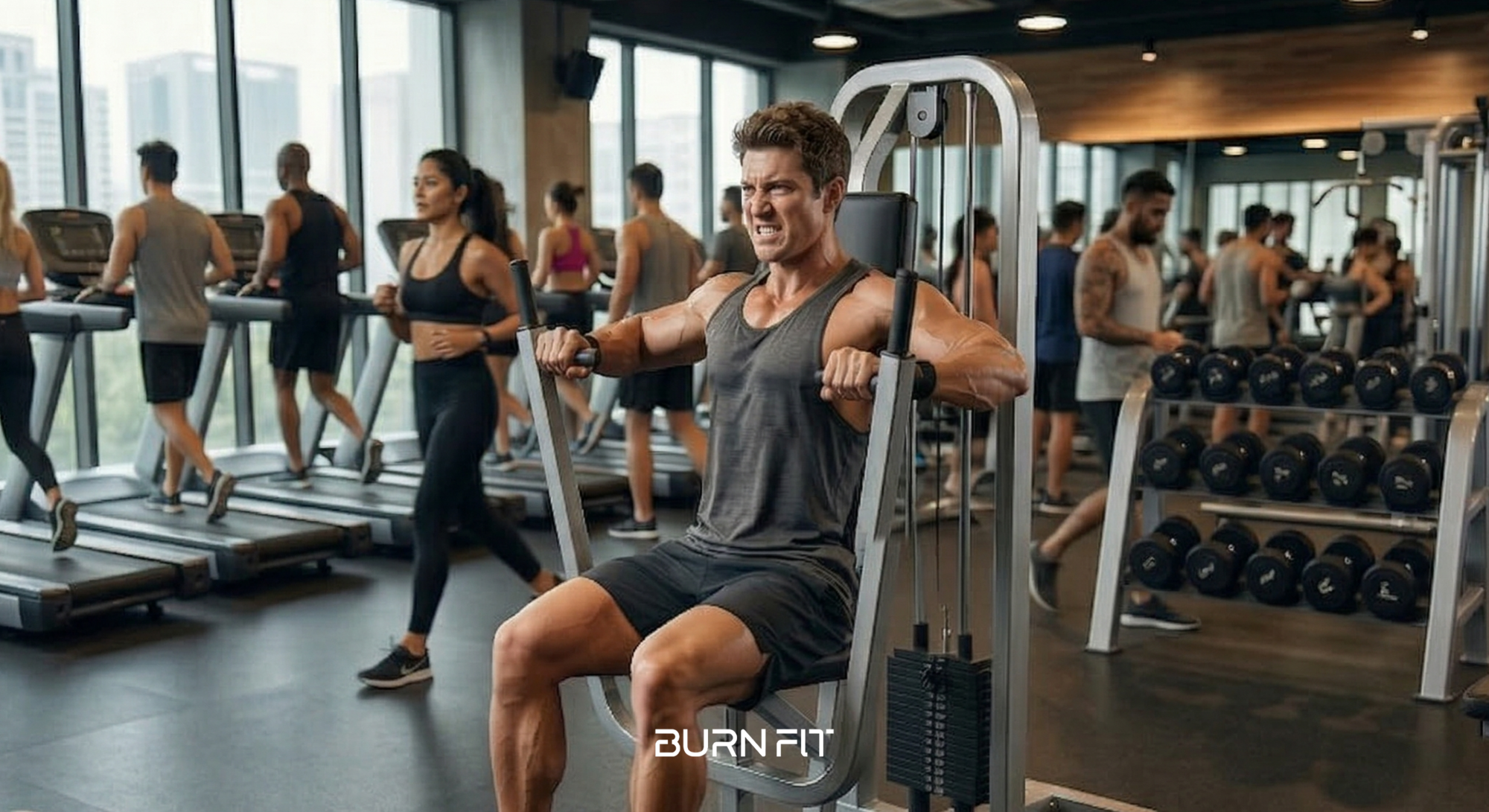 Man performing chest press exercise on a chest press machine at the gym demonstrating proper chest press form for chest workout