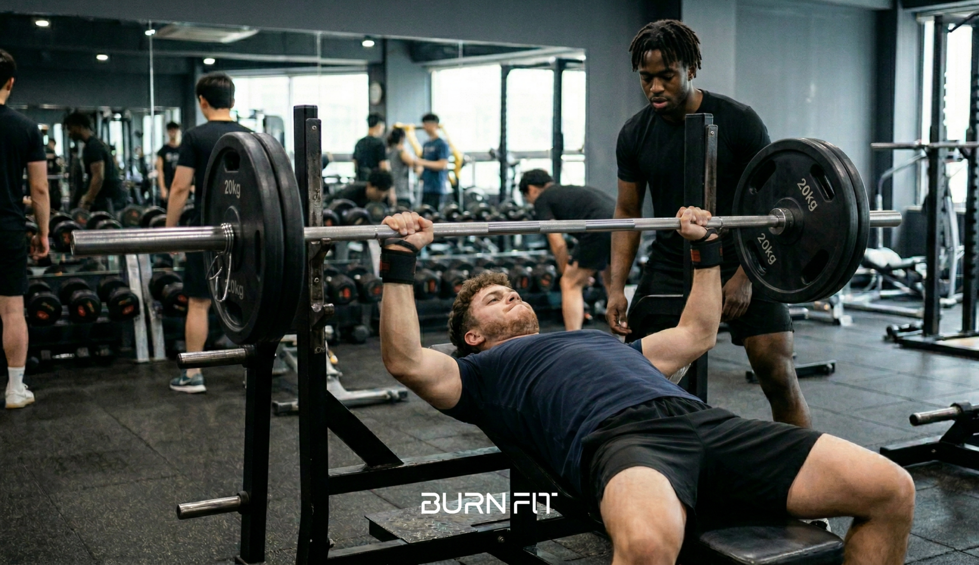 A man performing a barbell bench press with proper form assisted by a spotter at the gym.