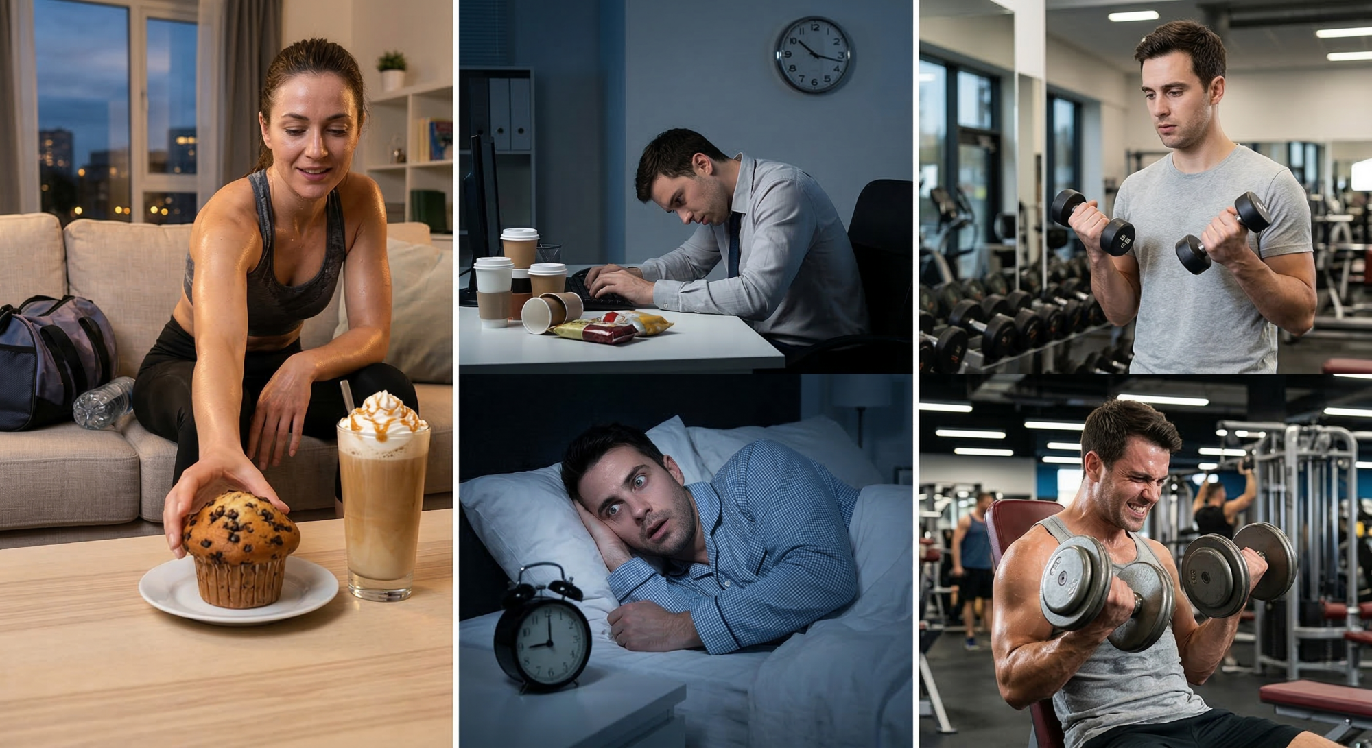 A photo showing 3 typical reasons why you are not losing weight during a diet (binge eating after a workout, lack of sleep, stress).