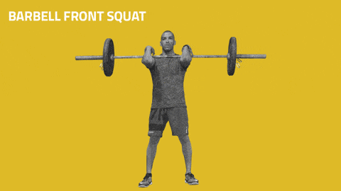 Front view of proper clean grip form and high elbow angle during a barbell front squat.