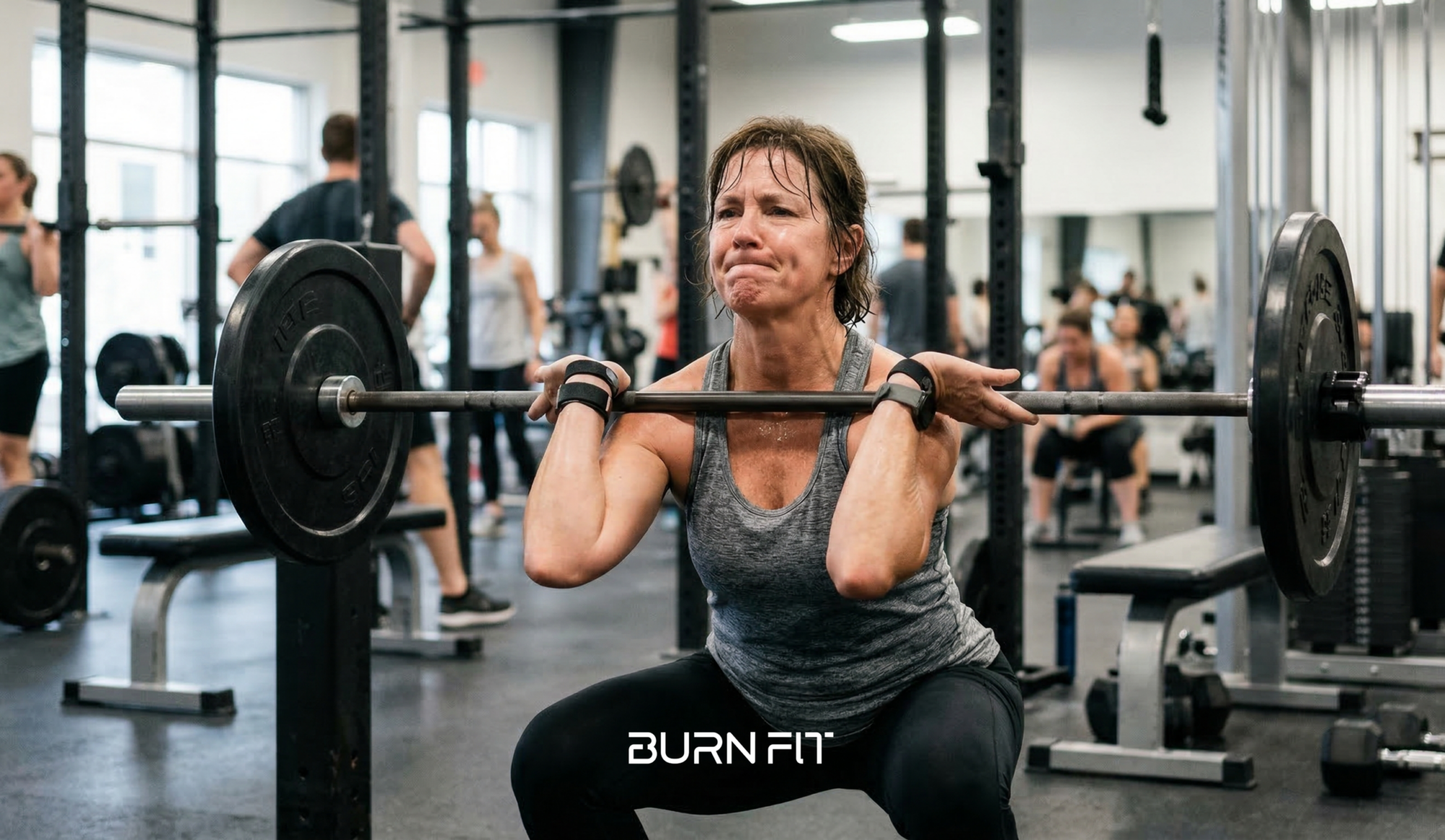 A woman performing a barbell front squat with strong core engagement at the gym.