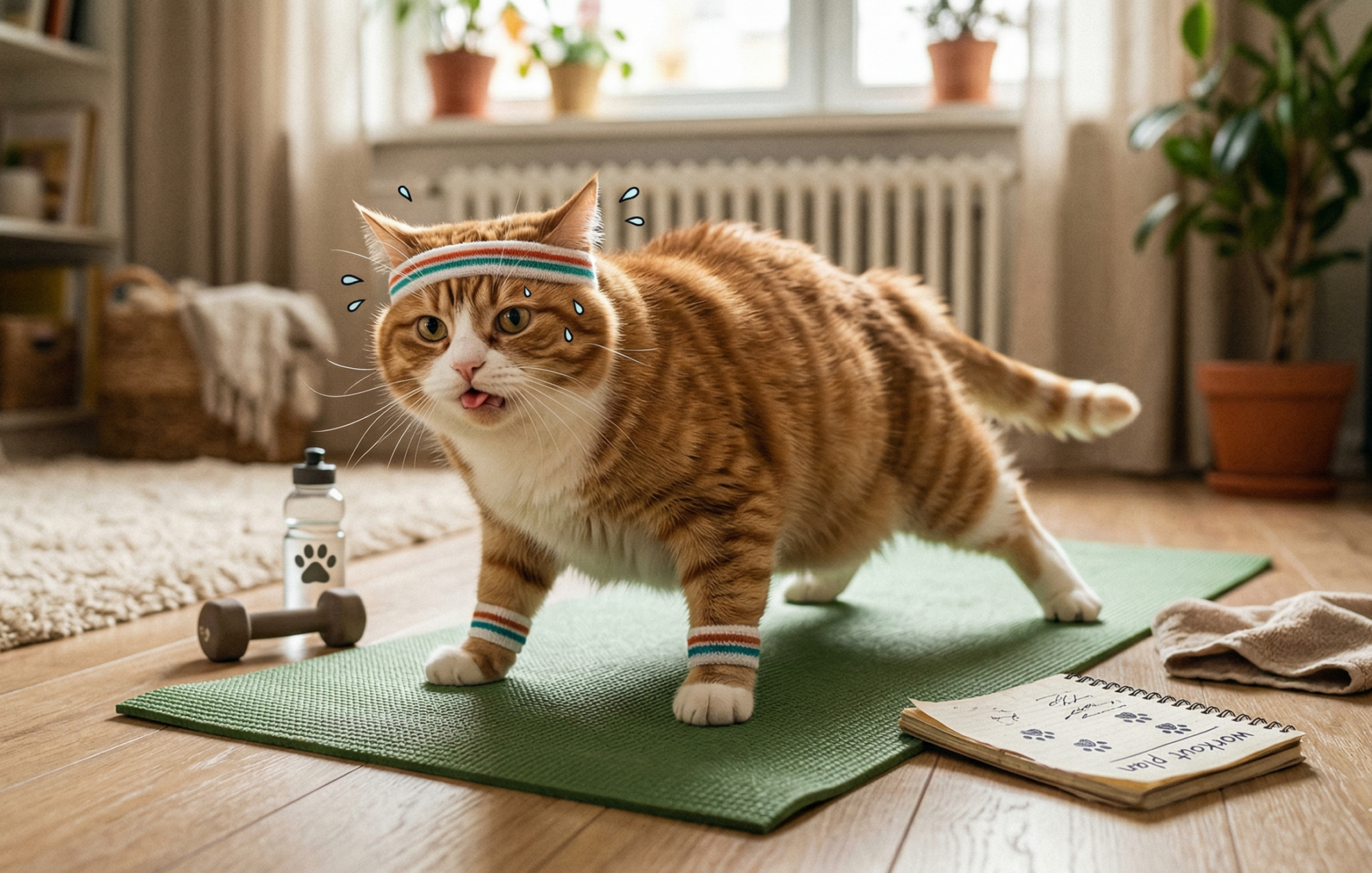 AA detailed illustration of a ginger tabby cat wearing retro sweatbands, sweating profusely and panting with exhaustion, while attempting a stretch on a yoga mat in a living room. A paw-print water bottle and a "Workout Plan" notepad are nearby. The perfect visual for an article about the struggle of starting a beginner bodyweight workout.