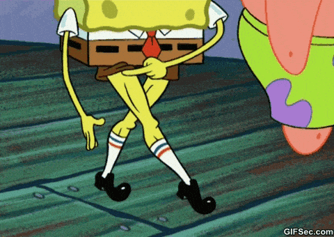 A comical GIF image of SpongeBob pointing at his skinny legs to highlight the necessity of leg training, serving as the main visual for a guide detailing 7 essential Lower Body Strength Exercises.