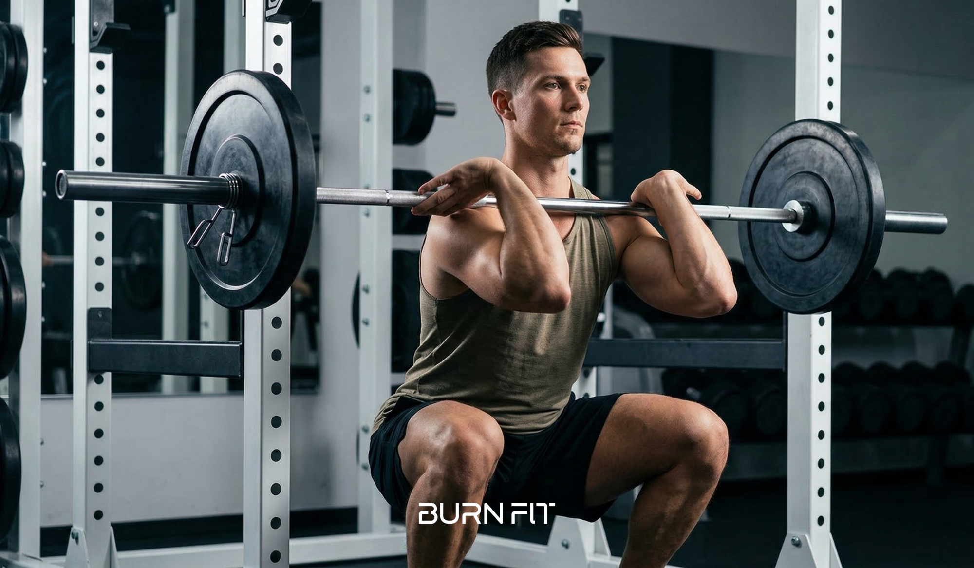 バーベルを鎖骨に乗せ、まっすぐな上半身で正しいフロントスクワットのフォームを維持する男性