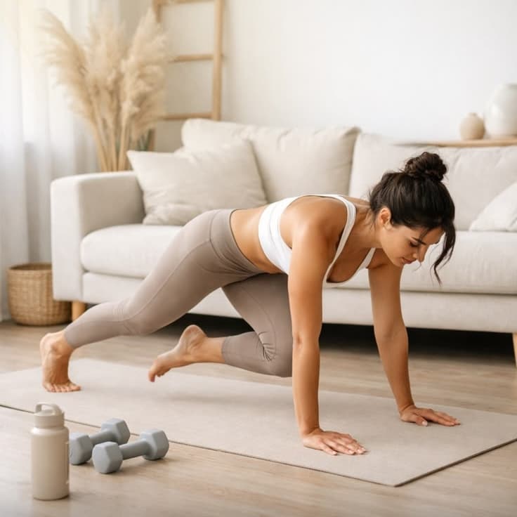 快適なリビングでヨガマットを敷き、マウンテンクライマーを行う女性。全身の筋力を強化する宅トレルーティンの例。