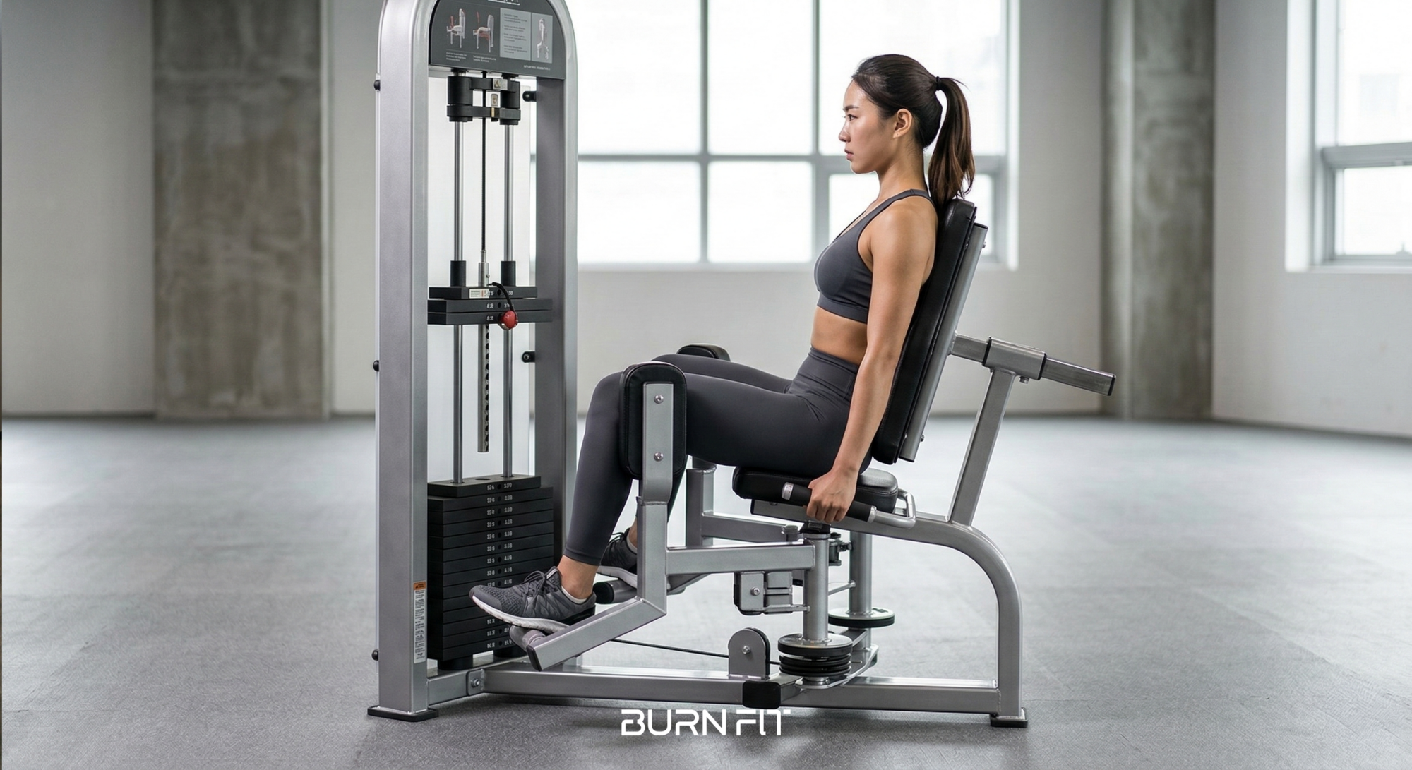 힙 어브덕션 머신 운동 자세, 헬스장에서 여성 운동자가 힙 어브덕션 머신을 사용해 엉덩이 외측 근육을 강화하는 모습