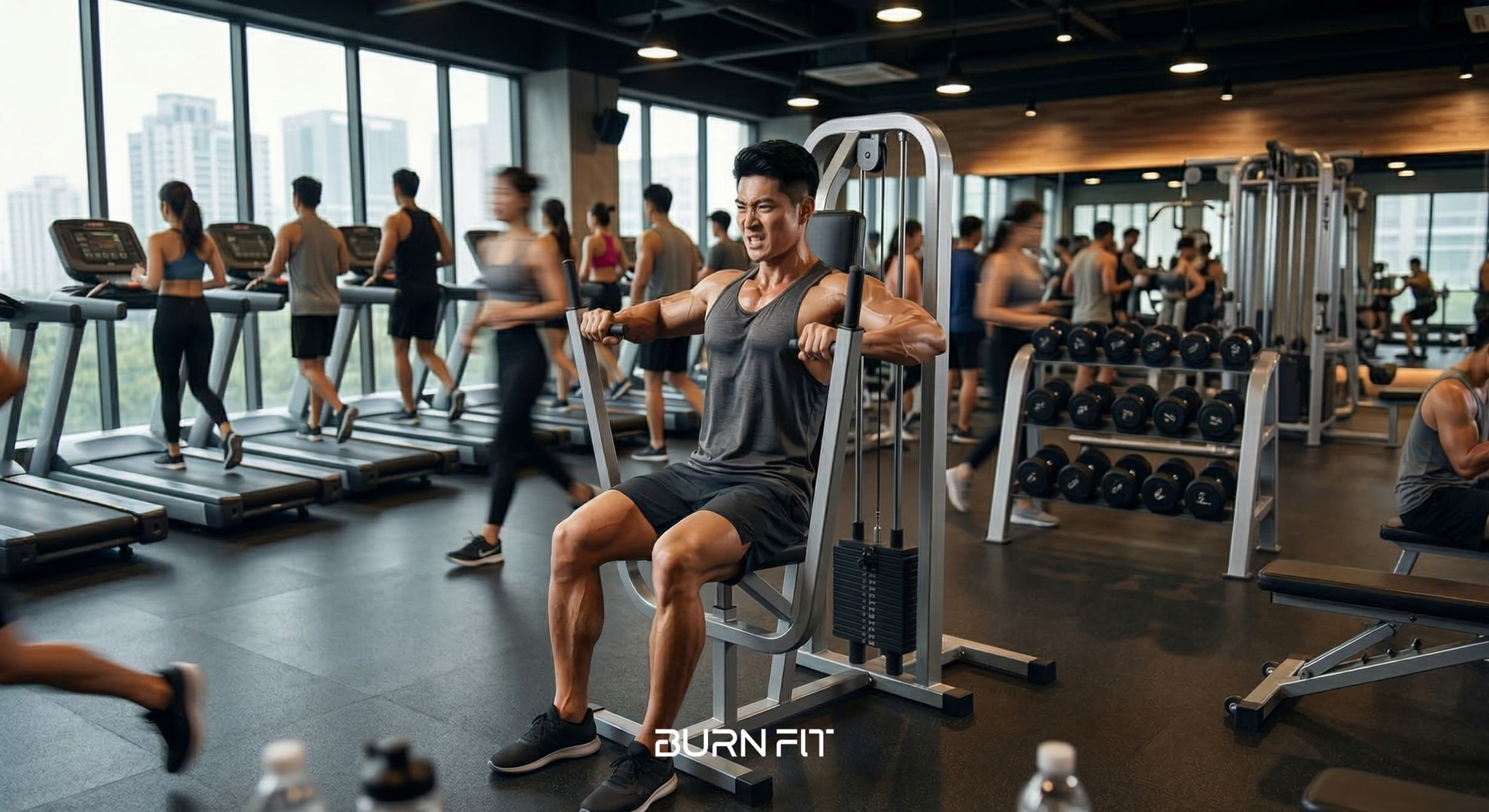 체스트프레스 머신으로 가슴 운동을 하는 남성, 올바른 체스트프레스 자세로 가슴 근육을 자극하는 헬스장 장면