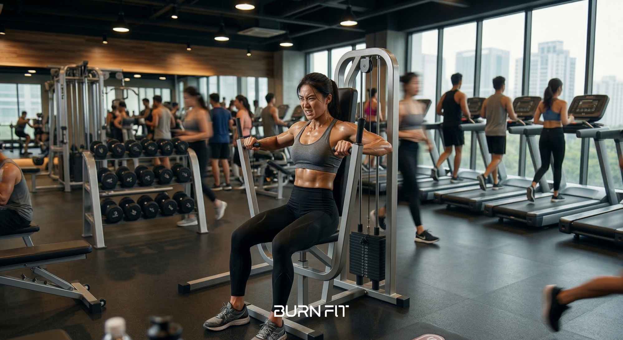 체스트프레스 머신으로 가슴 운동을 수행하는 여성, 올바른 체스트프레스 자세로 대흉근을 자극하는 헬스장 운동 장면