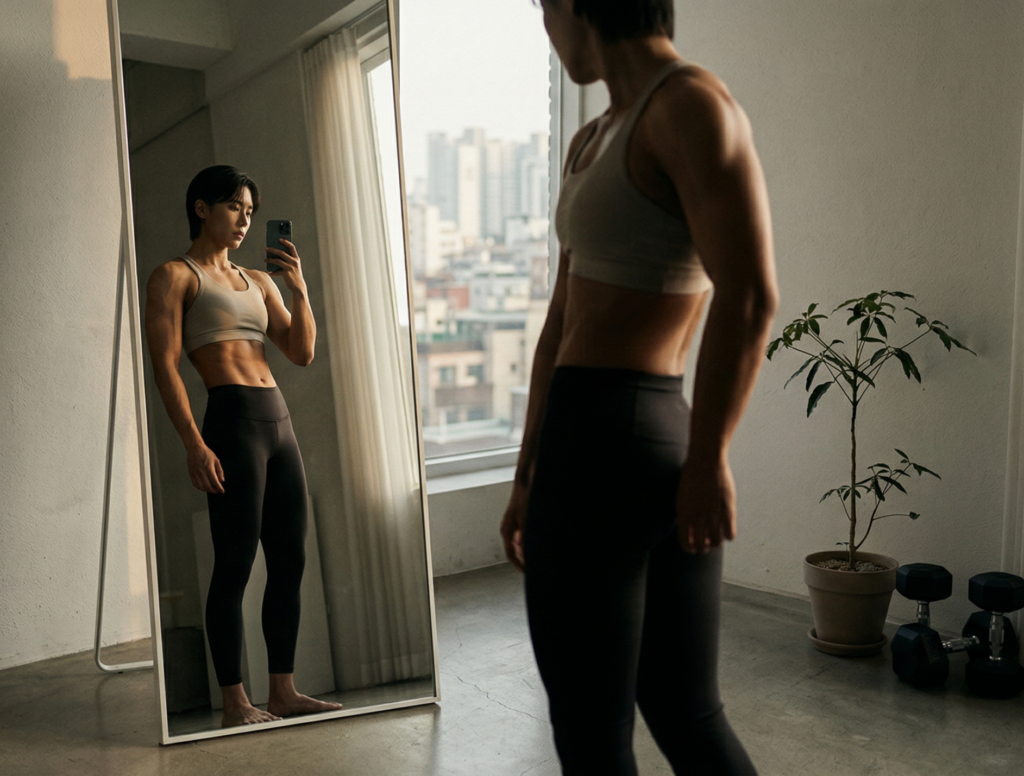 전신 거울 앞에서 눈바디(바디체크)를 하며 탄탄한 복근을 확인하는 숏컷 여성, 다이어트 정체기에 체중보다 중요한 실루엣의 변화