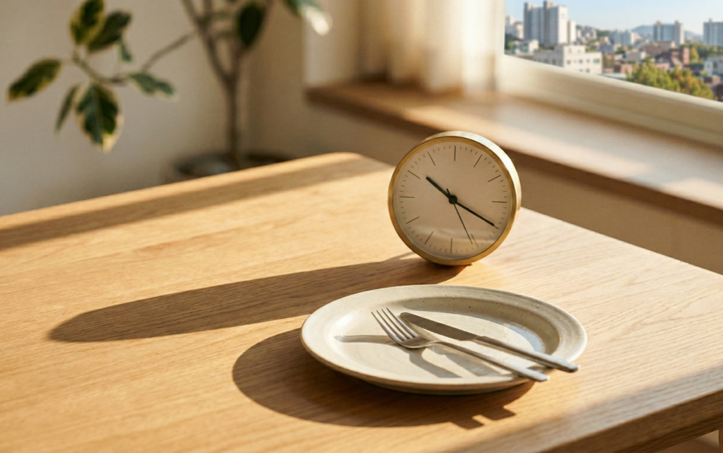 테이블 위 햇살을 받는 빈 접시와 탁상시계, 식사 시간 조절 및 간헐적 단식을 통해 다이어트 정체기를 극복하는 방법