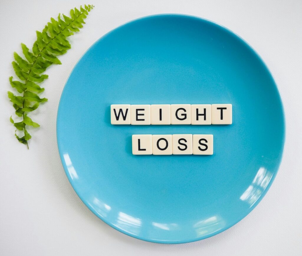 파란색 빈 접시 위에 놓인 WEIGHT LOSS(체중 감량) 단어 블록, 다이어트 정체기 탈출을 위한 식단 재점검