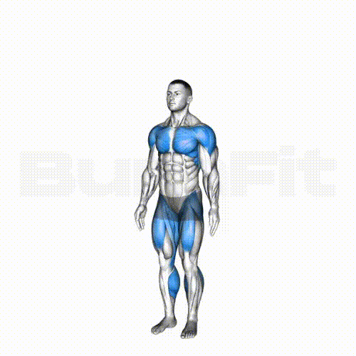점핑잭 운동의 4단계 연속 동작을 보여주는 해부학적 근육 마네킹 다이어그램. 시작 자세부터 최대 점프까지 각 동작에서 활성화되는 근육이 파란색으로 표시되어 있다.