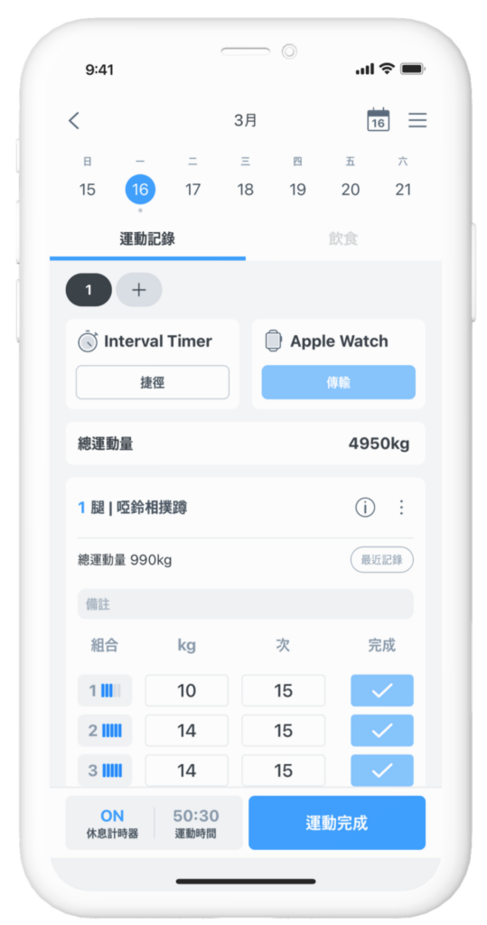 BurnFit健身App的運動紀錄畫面，顯示總運動量與啞鈴深蹲等訓練細節，幫助突破減肥停滯期